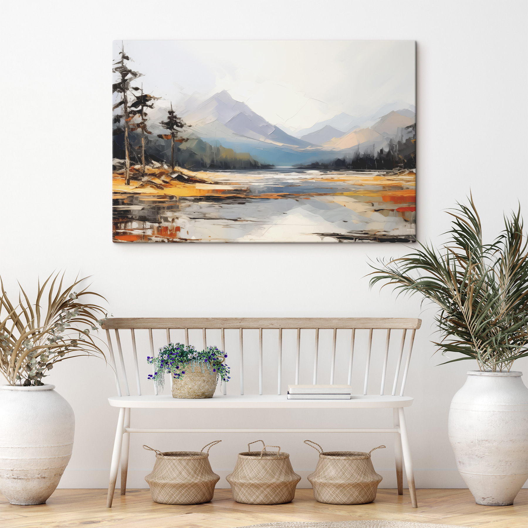 A lake with mountains in the background