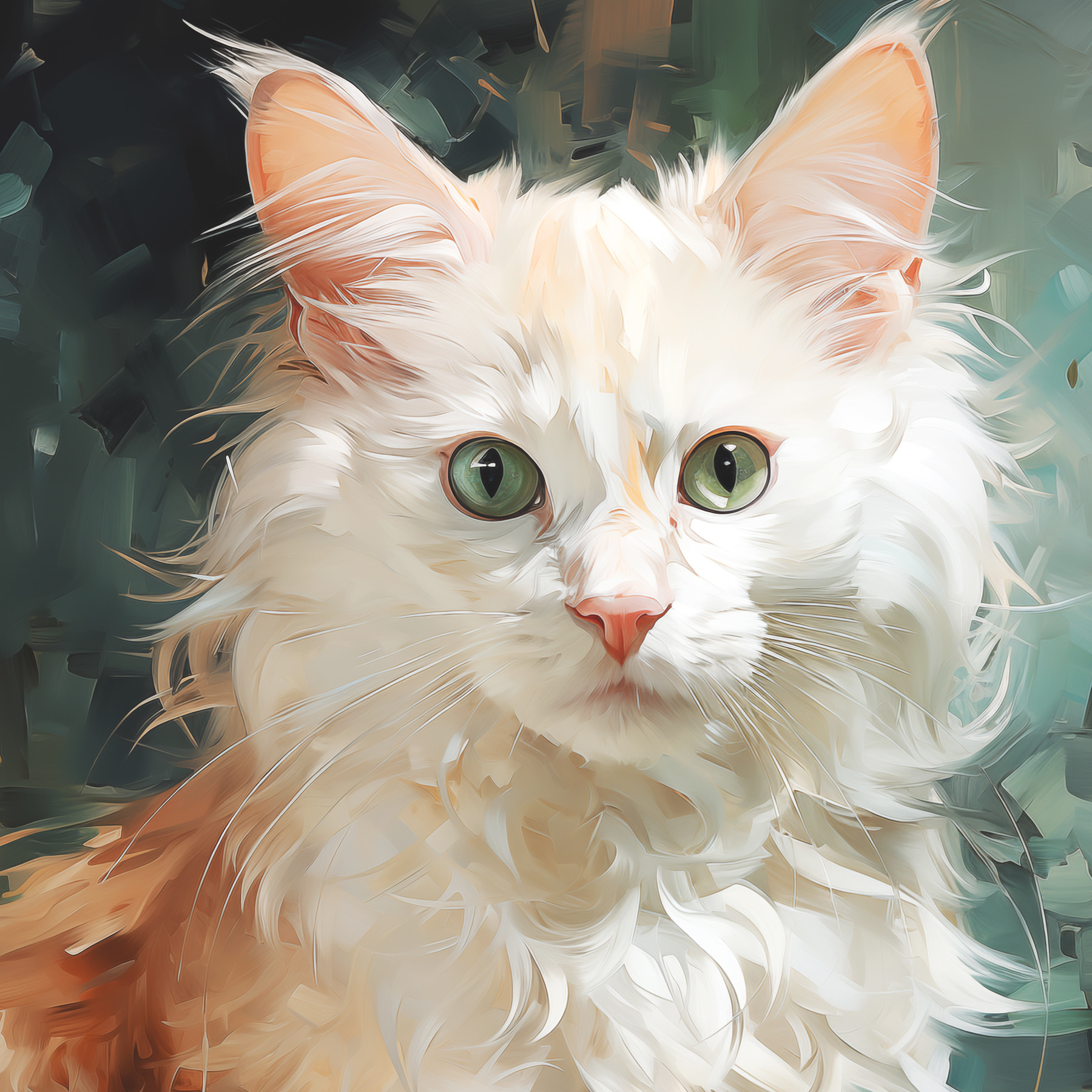 A white cat with green eyes