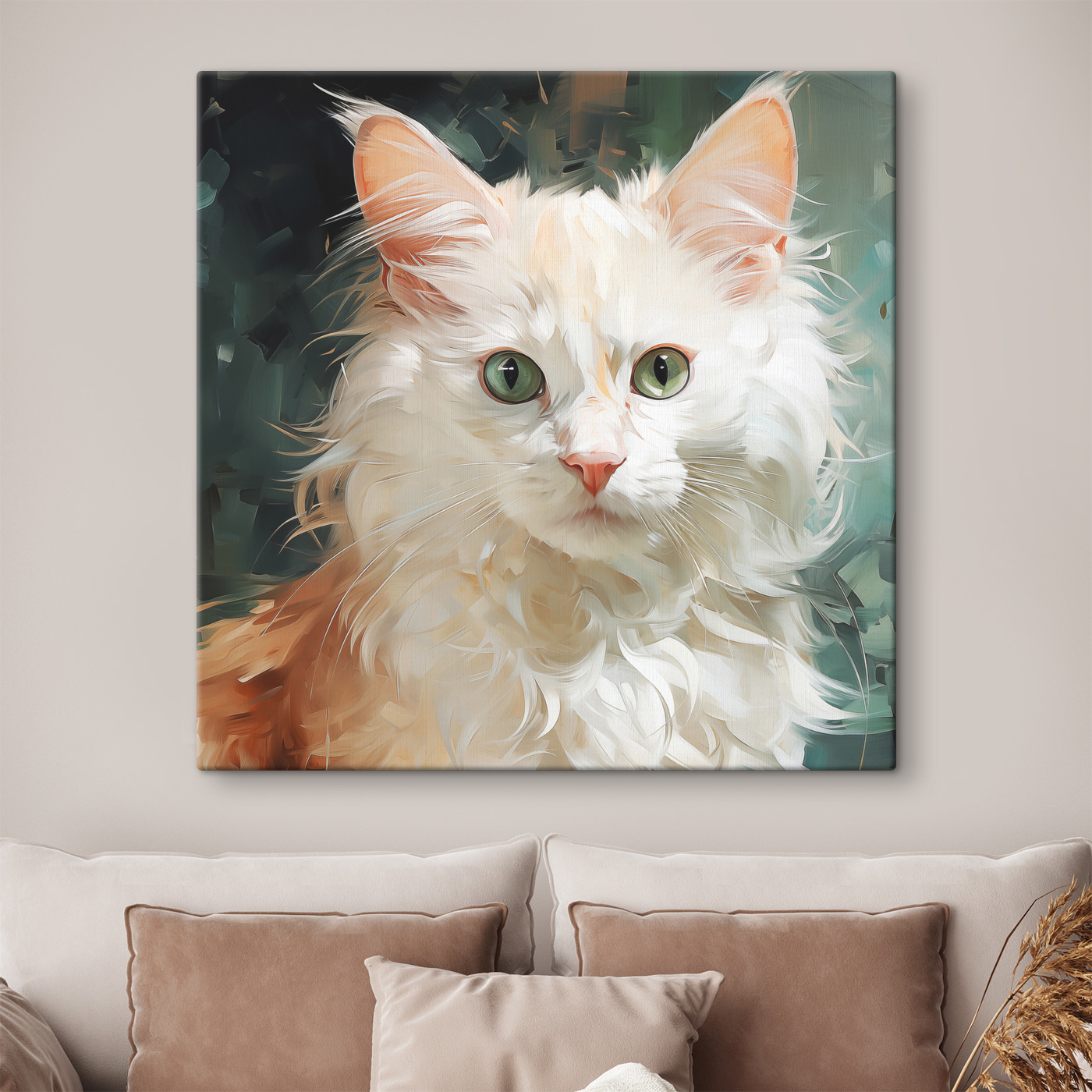 A white cat with green eyes