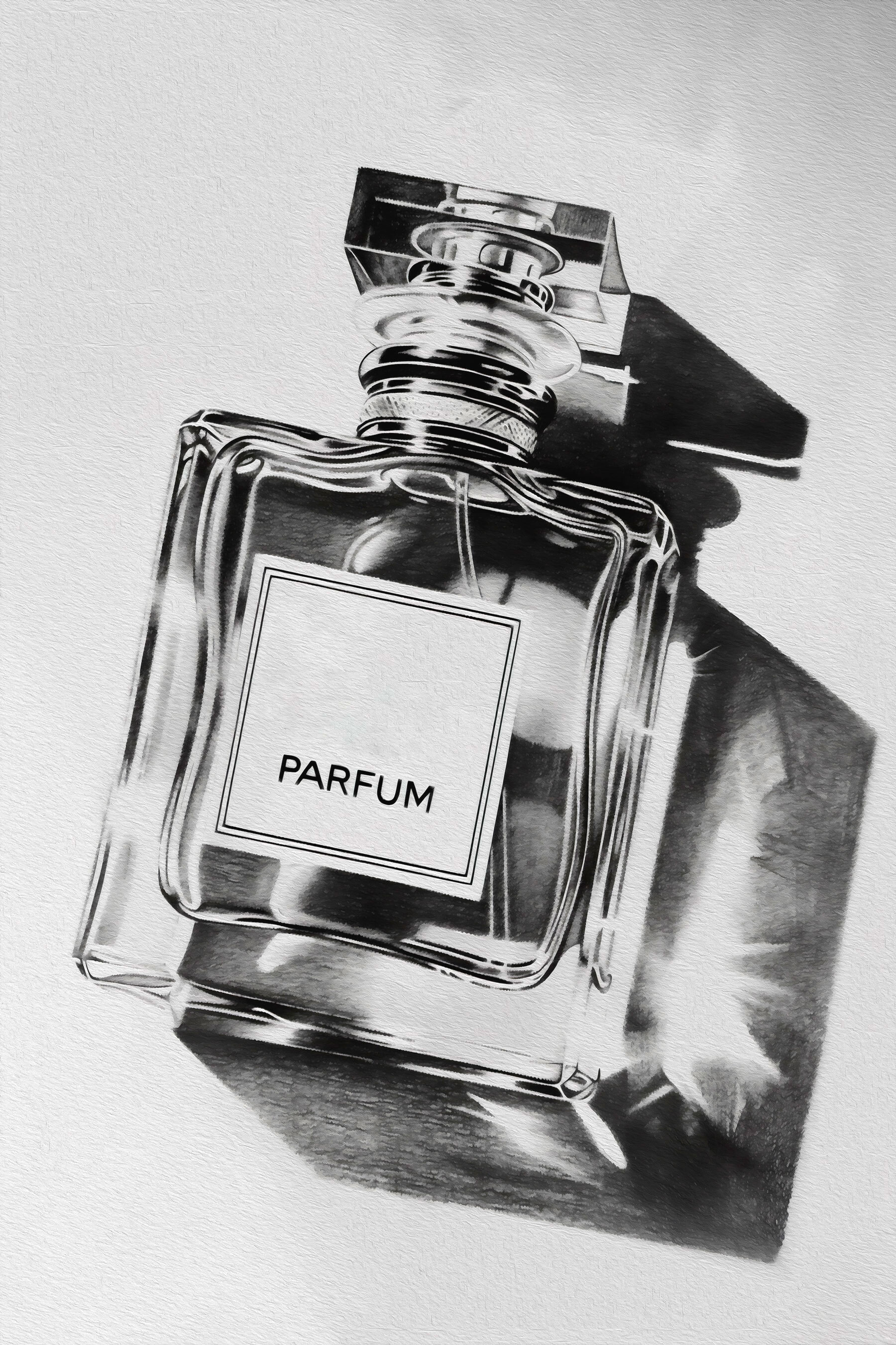 A black and white photo of a bottle of perfume