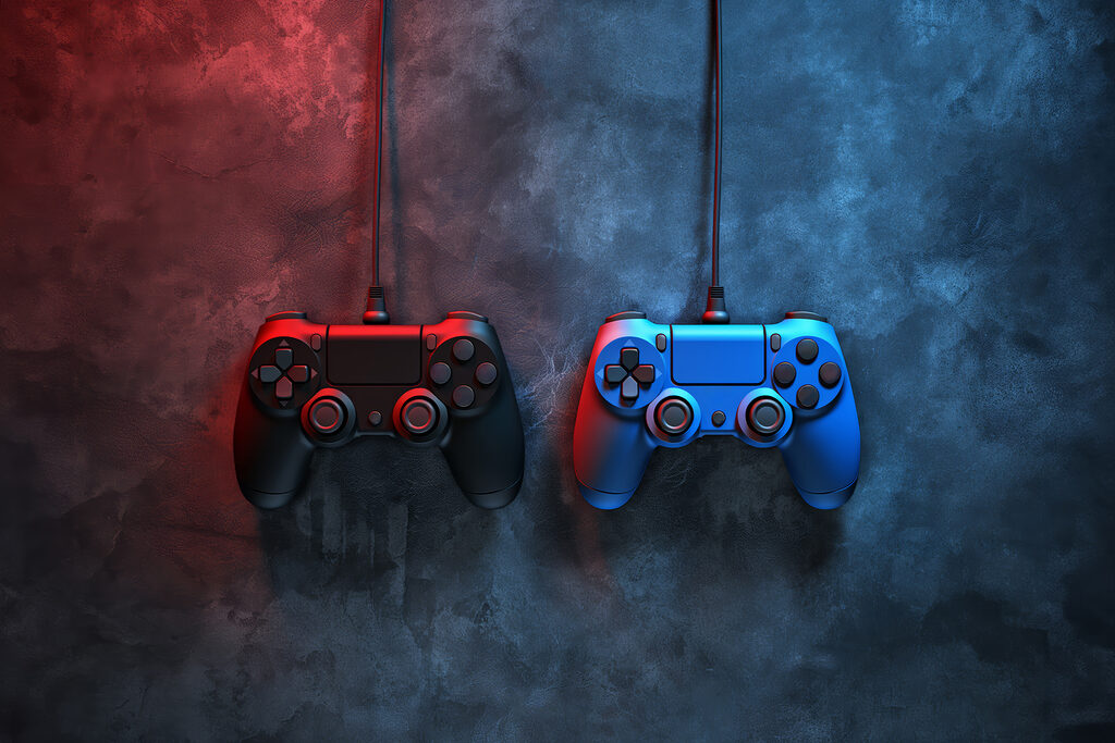 Un controller per videogiochi blu e rosso Un controller per videogiochi blu e rosso