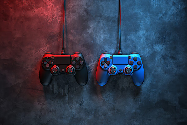 Un controller per videogiochi blu e rosso Un controller per videogiochi blu e rosso
