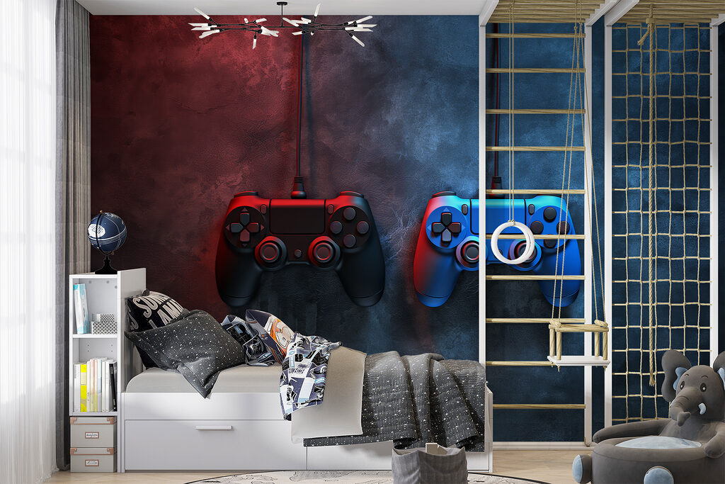 A blue and red video game controllers