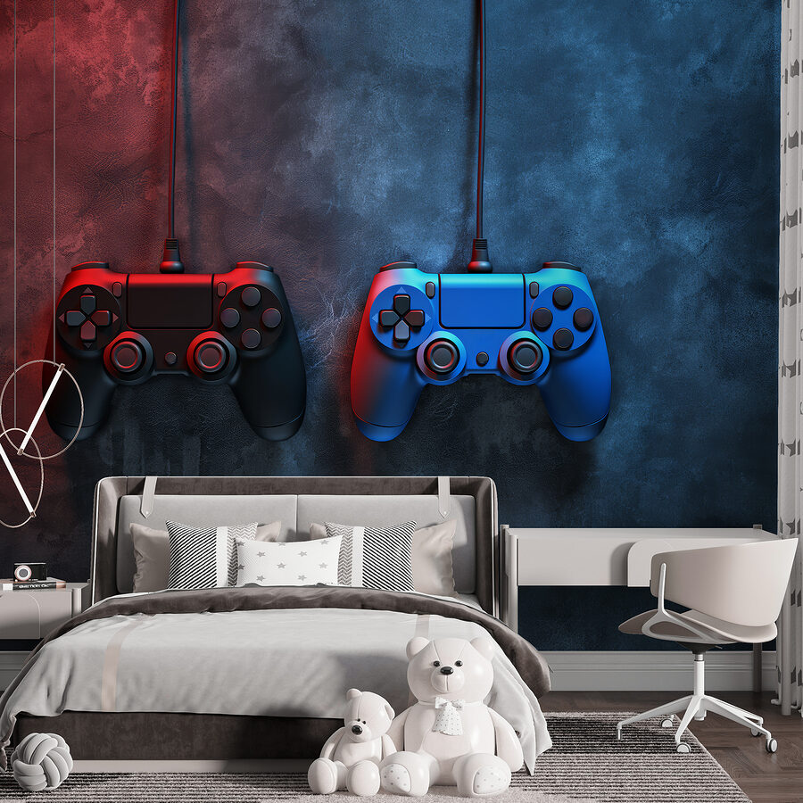 Un controller per videogiochi blu e rosso