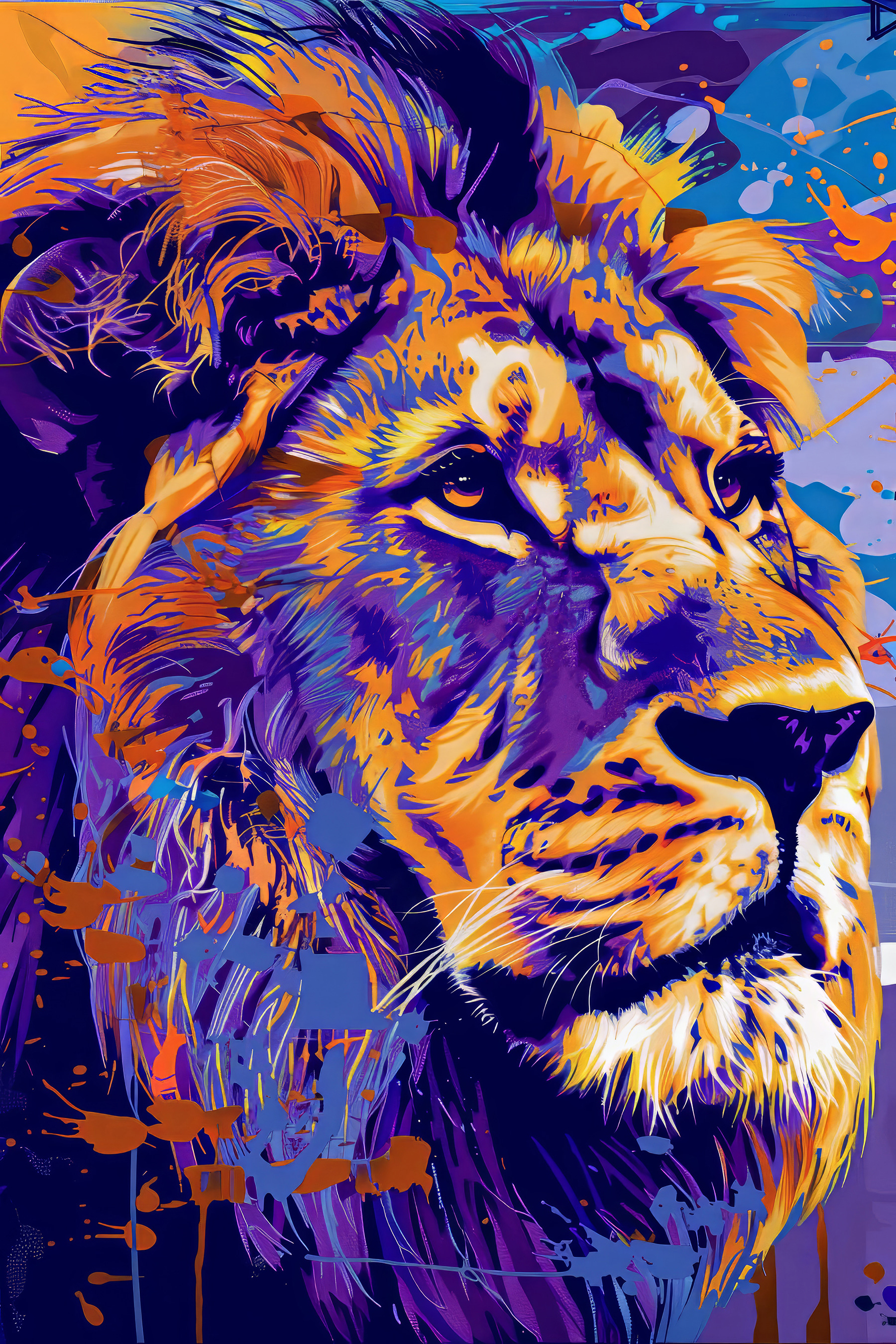 A lion with colorful spots