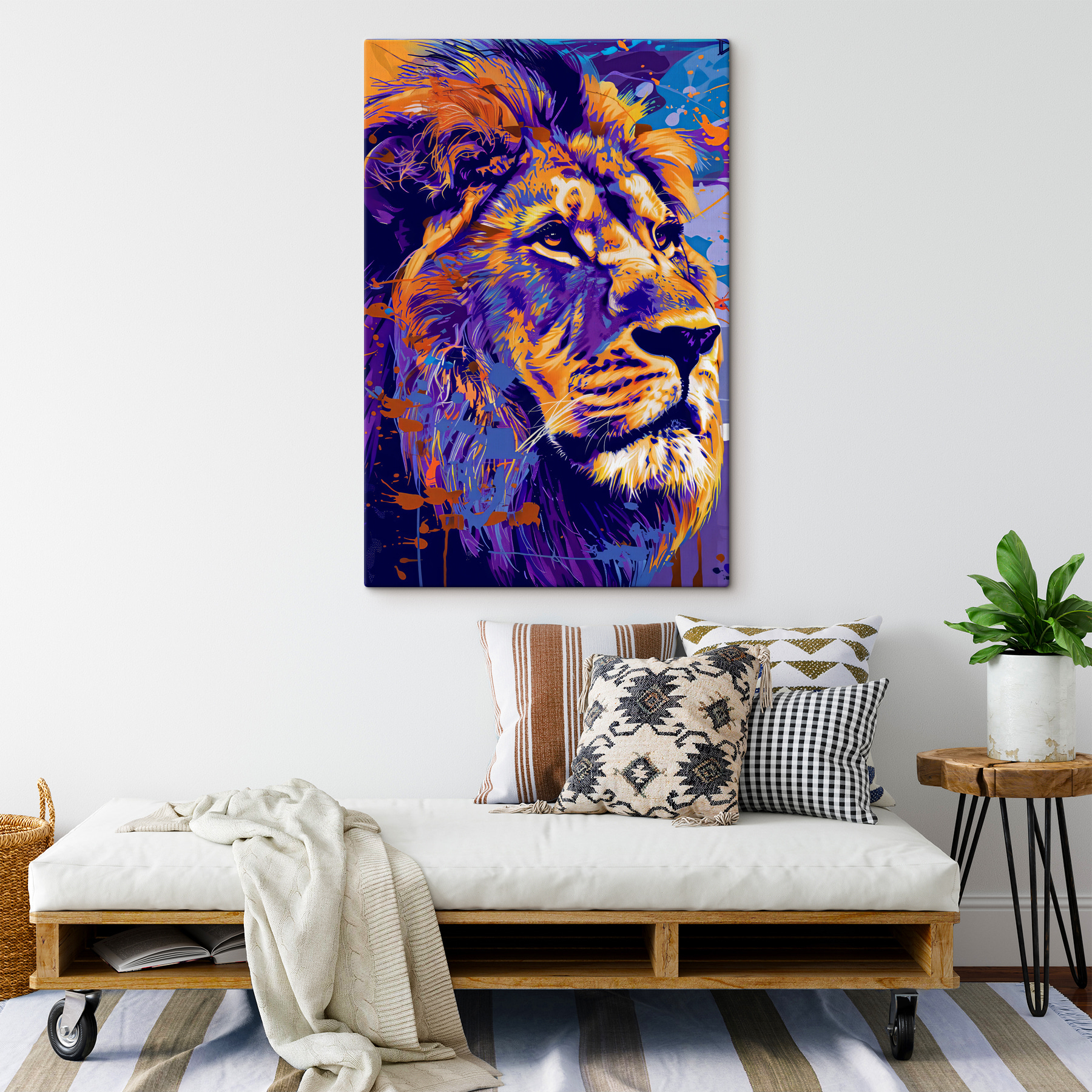 A lion with colorful spots