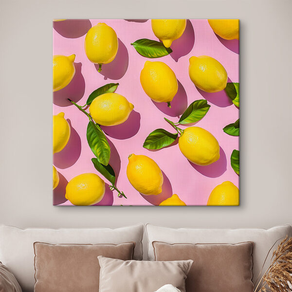 Quadri Un mazzo di limoni con foglie su uno sfondo rosa