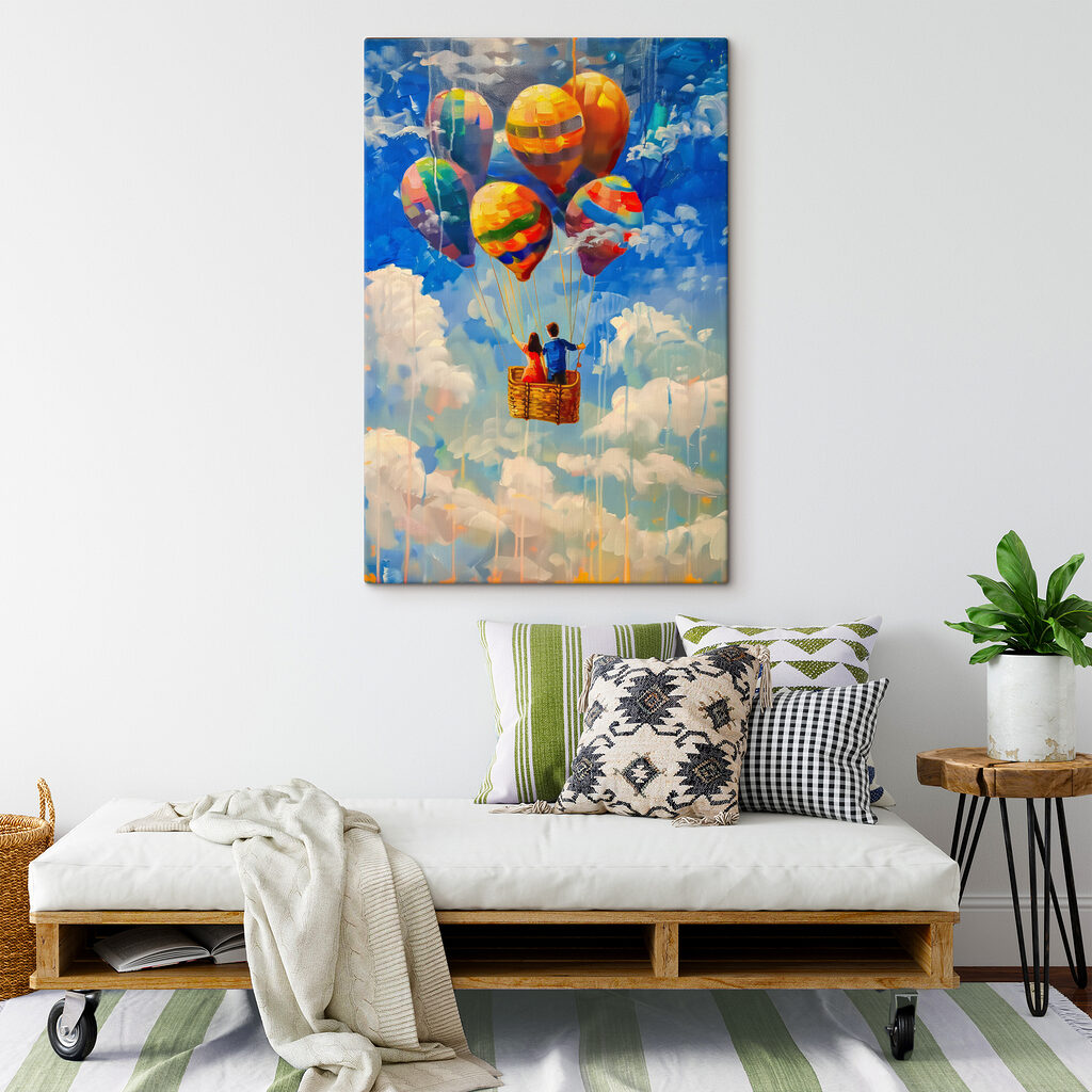 A painting of a couple in a basket on hot air balloons