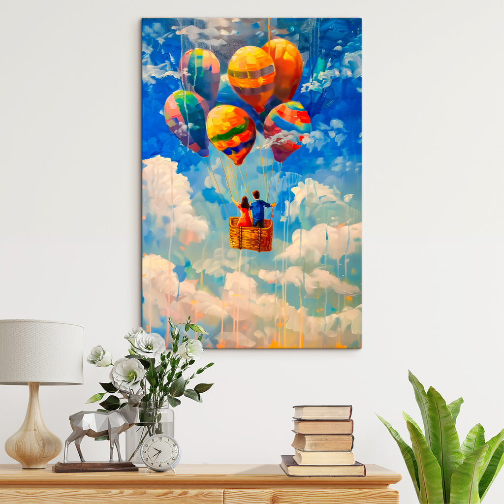 A painting of a couple in a basket on hot air balloons