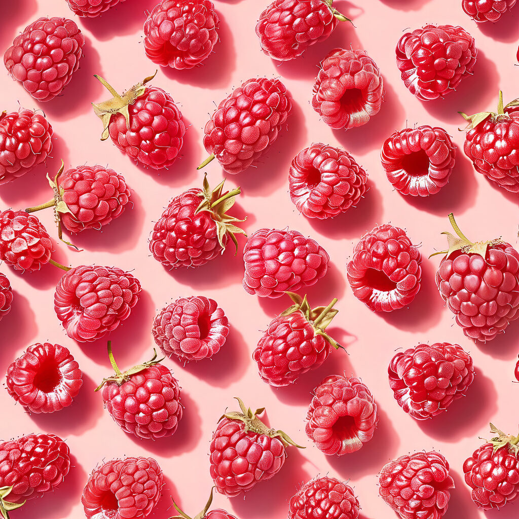 A group of raspberries on a pink surface