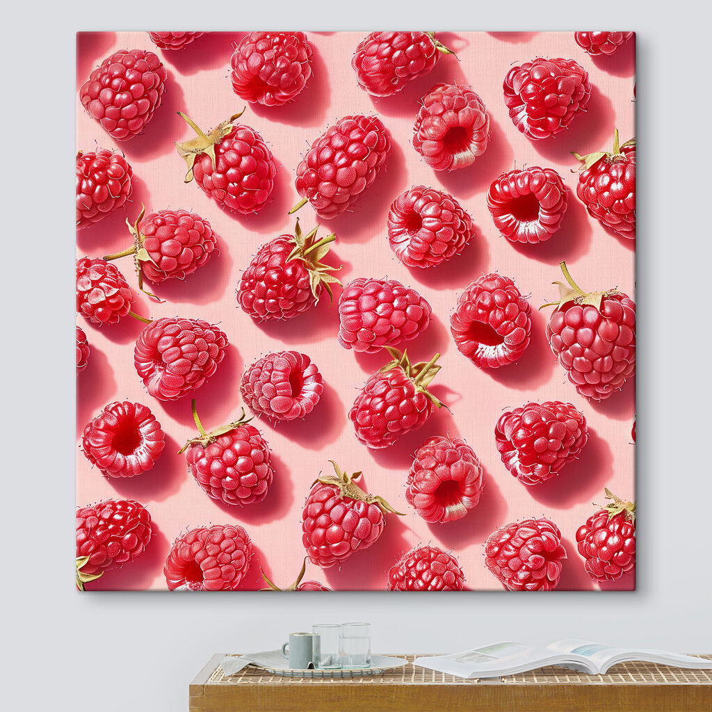 A group of raspberries on a pink surface