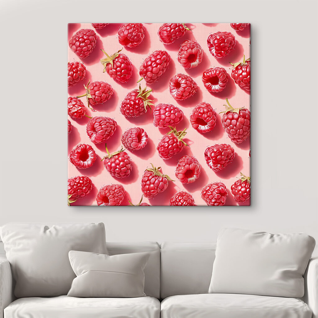 A group of raspberries on a pink surface
