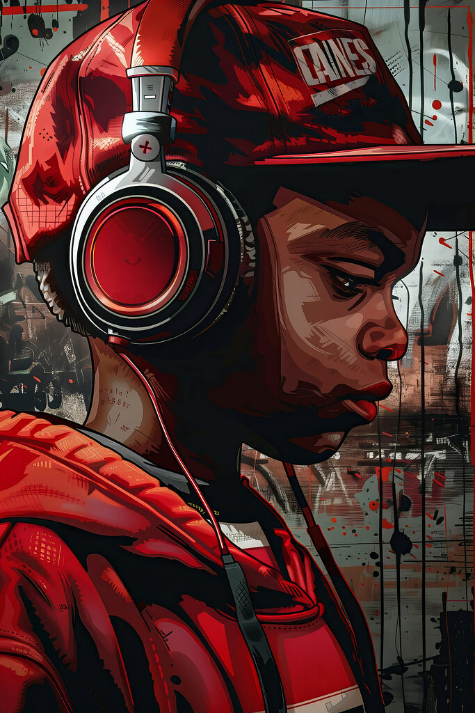 A boy wearing headphones and red hat A boy wearing headphones and red hat