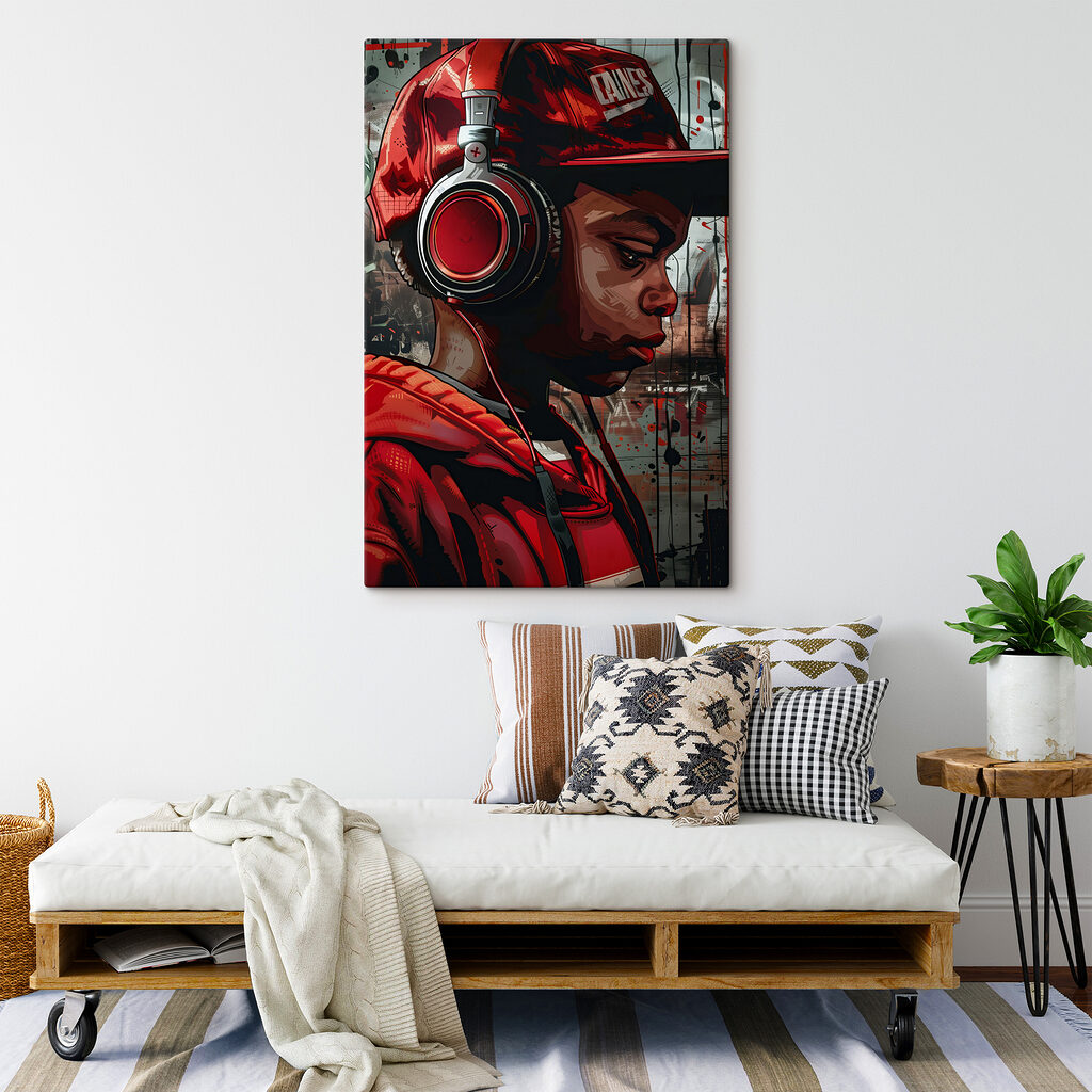 A boy wearing headphones and red hat A boy wearing headphones and red hat