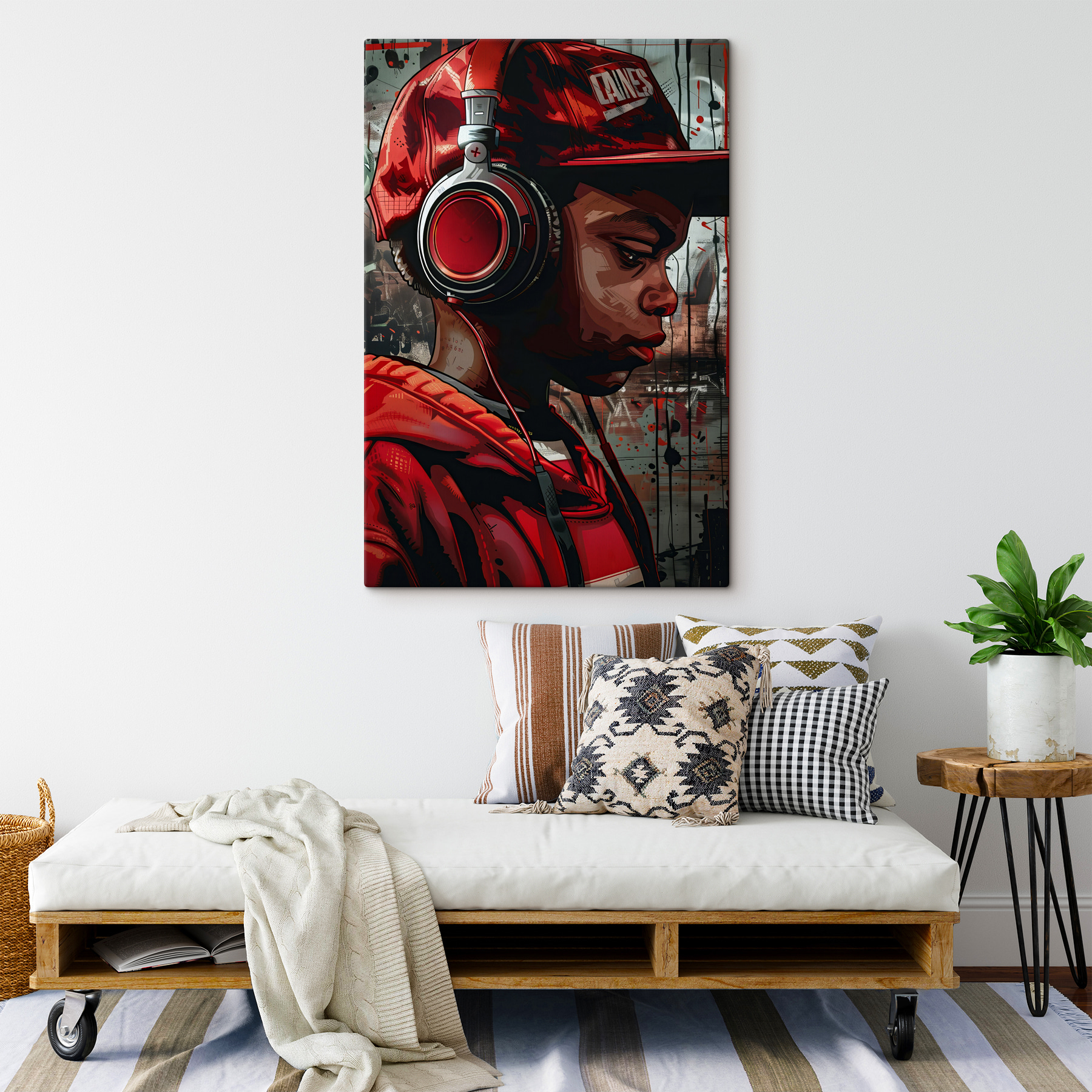 A boy wearing headphones and red hat A boy wearing headphones and red hat