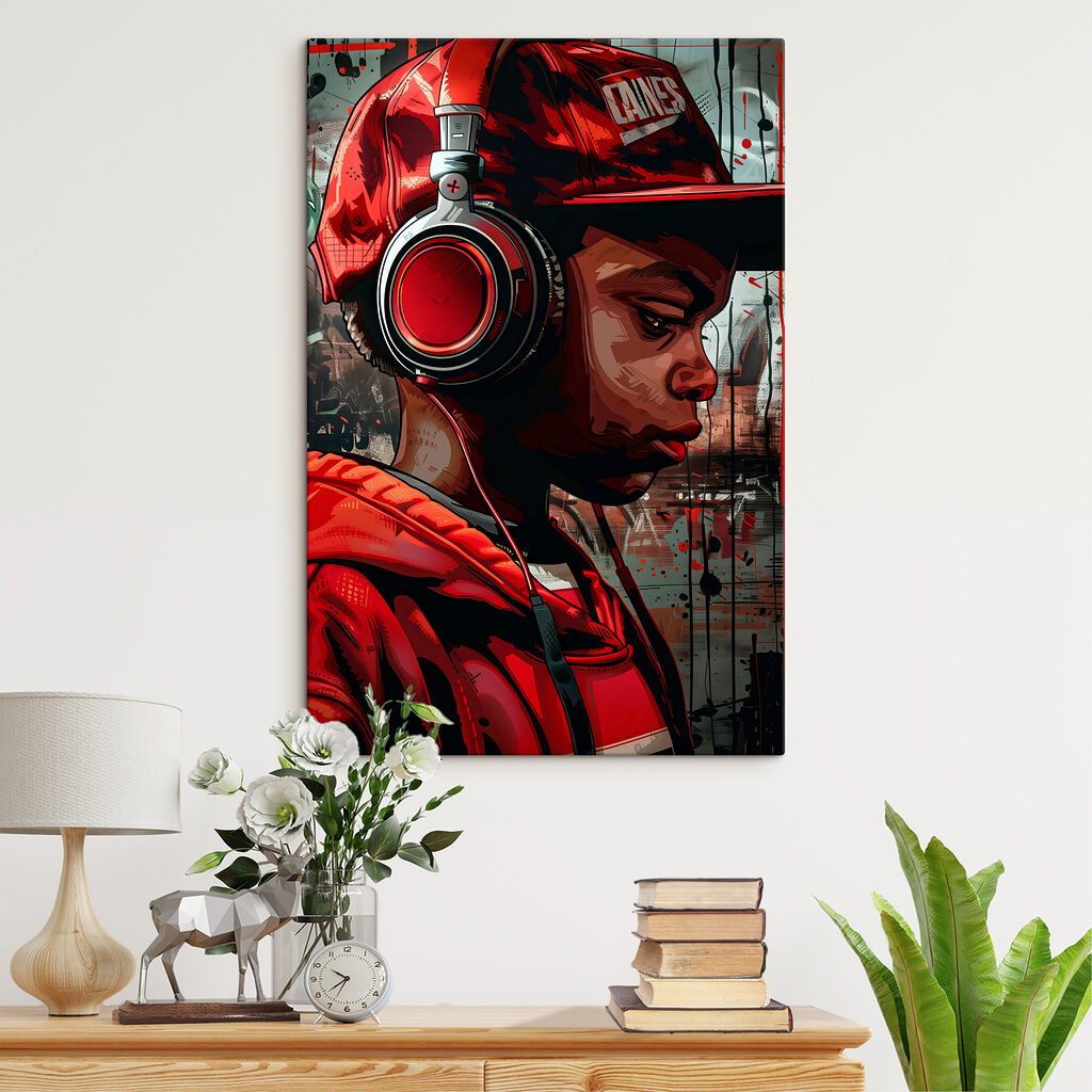 A boy wearing headphones and red hat A boy wearing headphones and red hat
