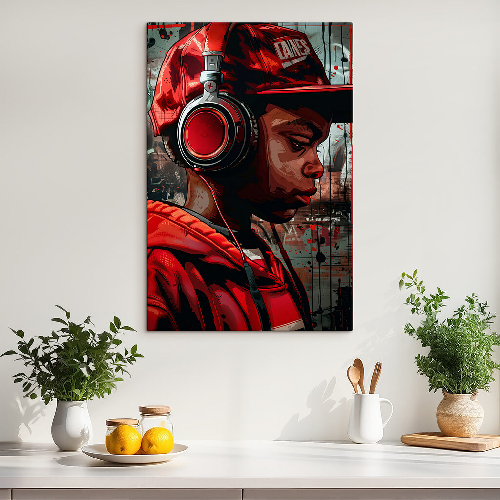 A boy wearing headphones and red hat A boy wearing headphones and red hat