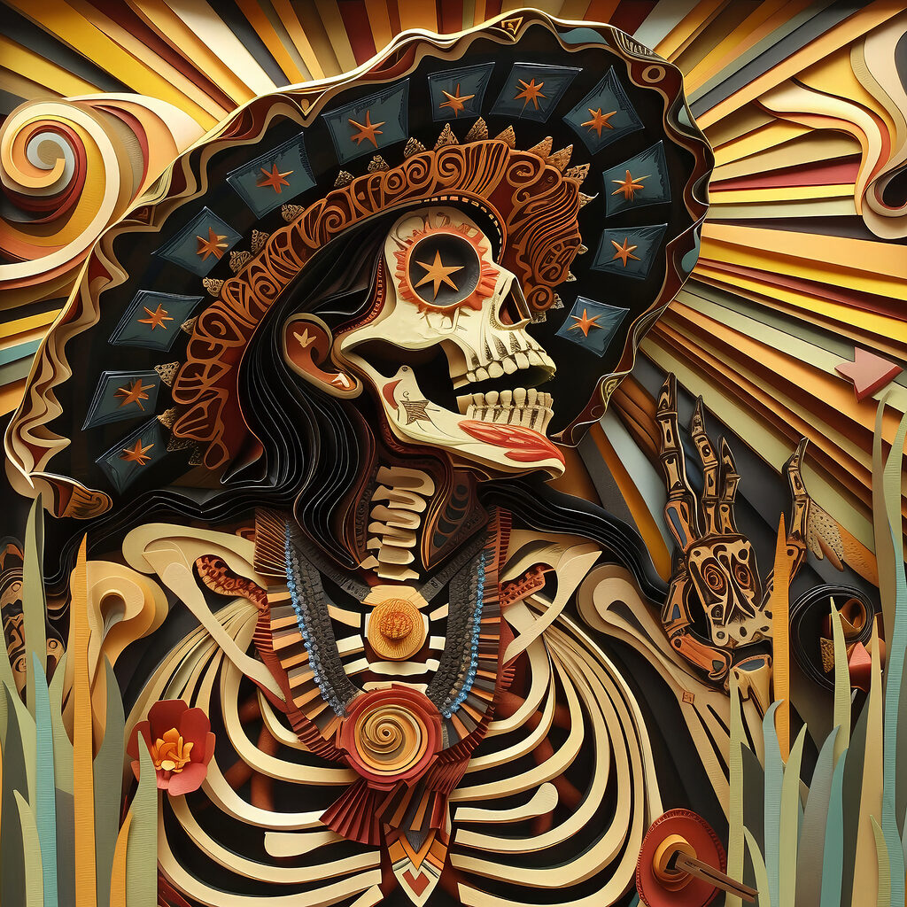 A skeleton with a hat and flowers
