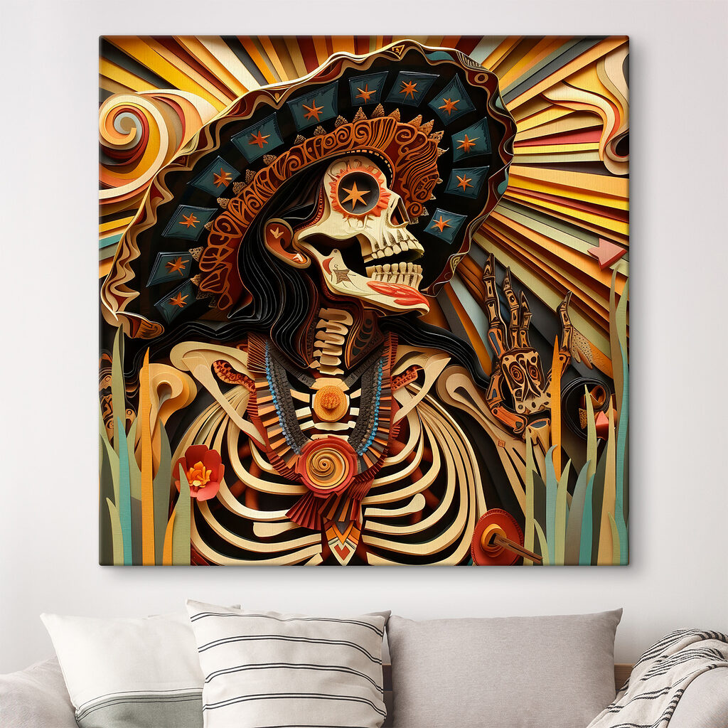 A skeleton with a hat and flowers
