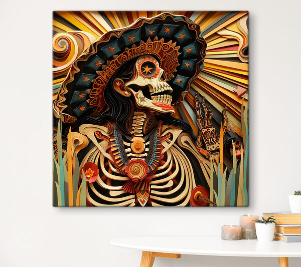 A skeleton with a hat and flowers