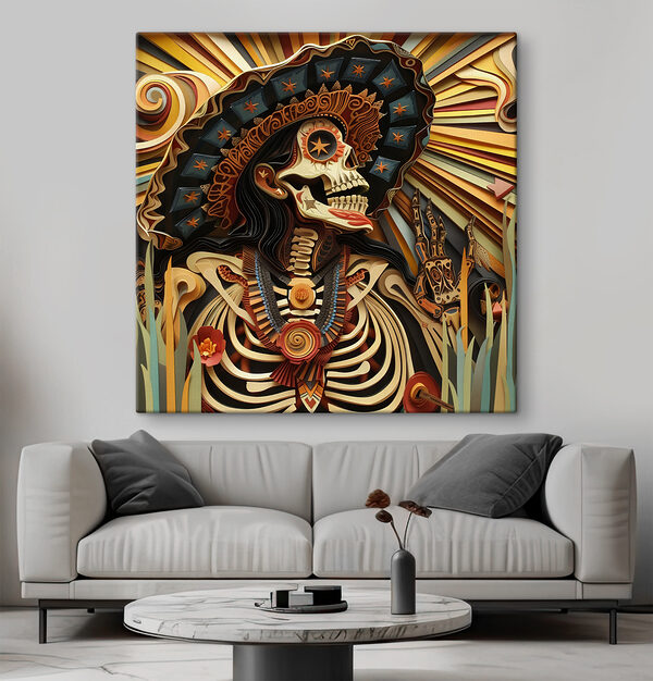 A skeleton with a hat and flowers