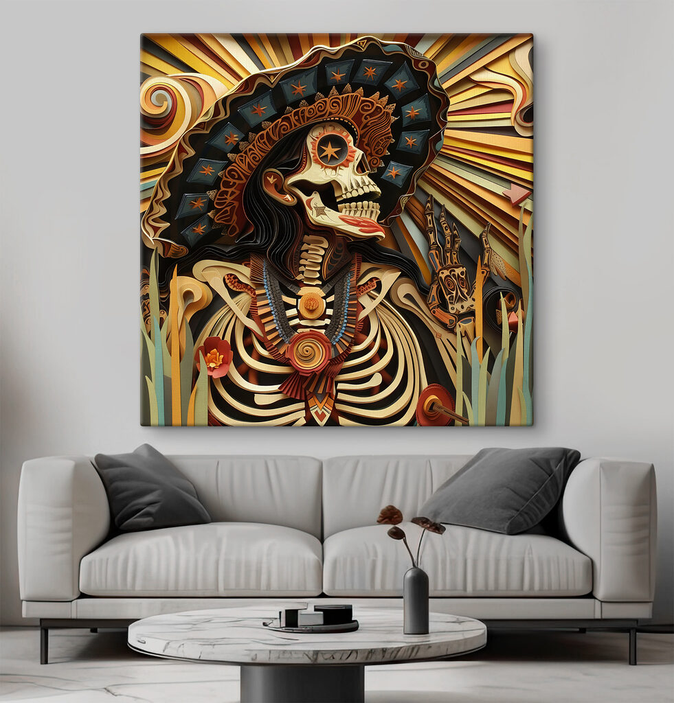 A skeleton with a hat and flowers