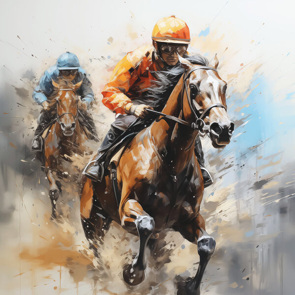 A painting of two people riding horses
