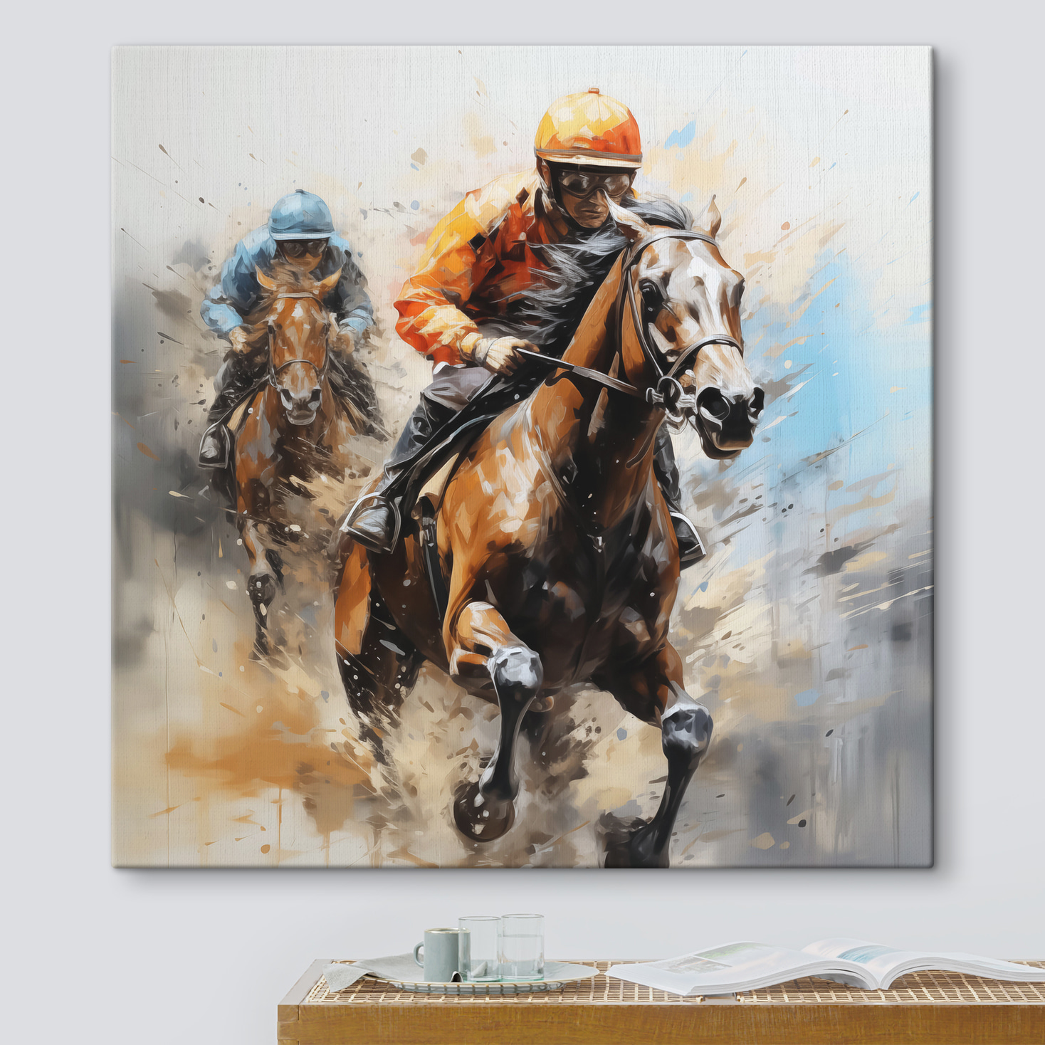 A painting of two people riding horses