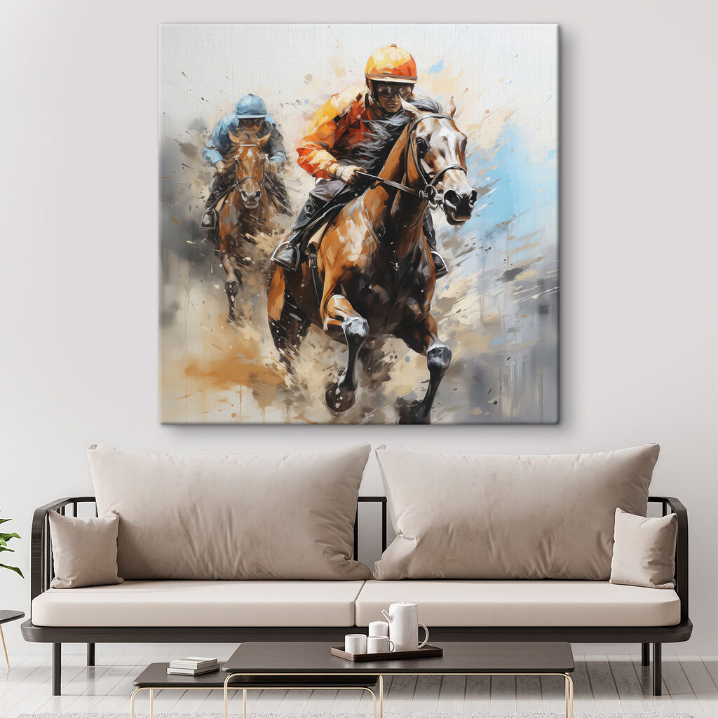 A painting of two people riding horses