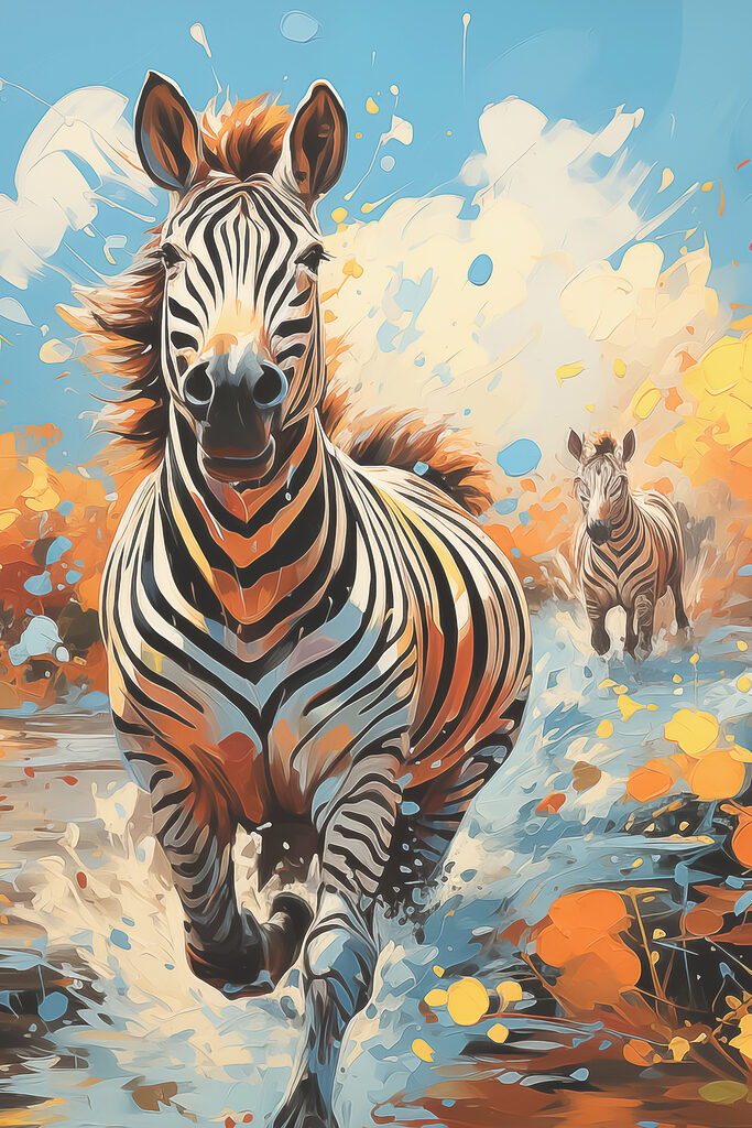 A zebras running through water