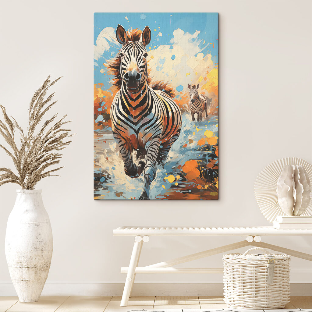 A zebras running through water