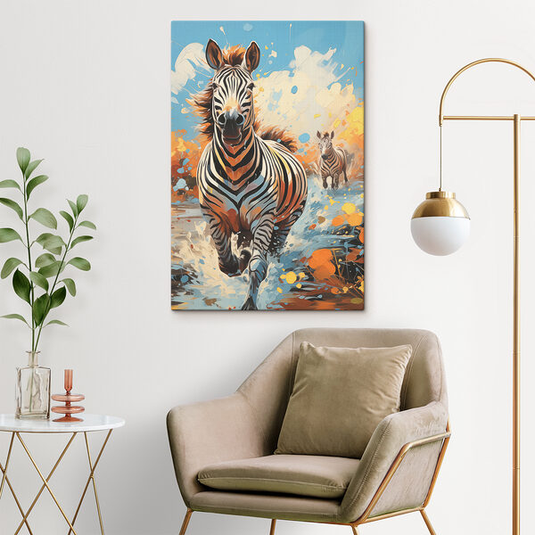 A zebras running through water