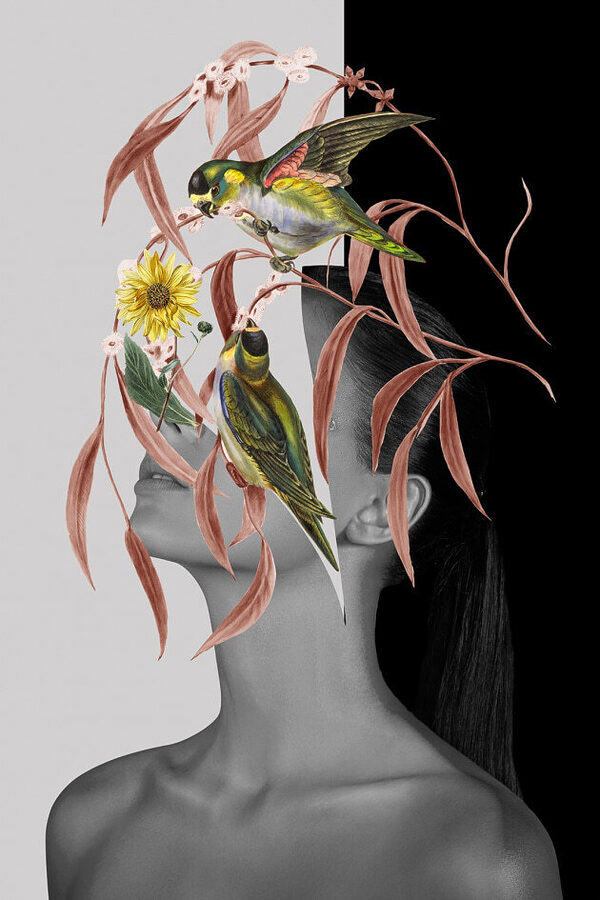 A woman's profile with birds and leaves