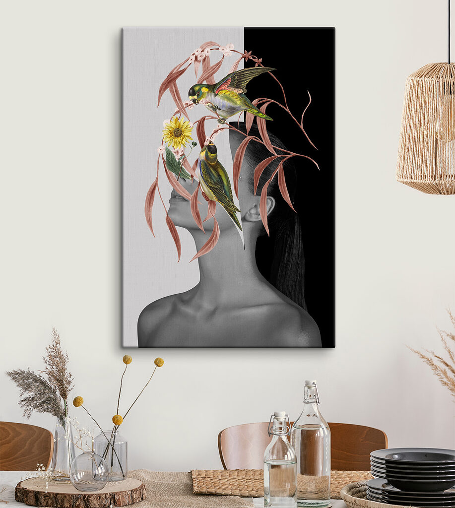 A woman's profile with birds and leaves