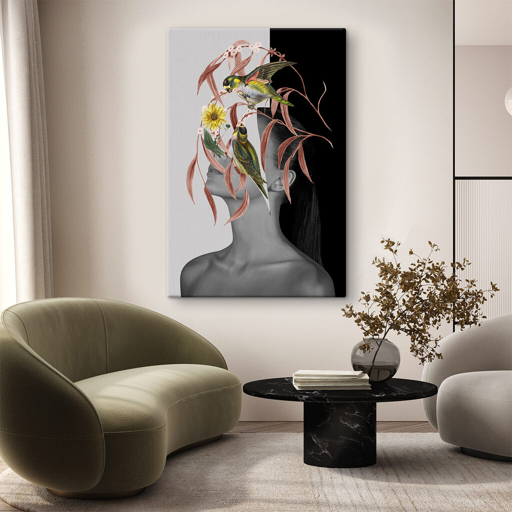 A woman's profile with birds and leaves