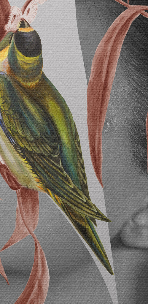A woman's profile with birds and leaves