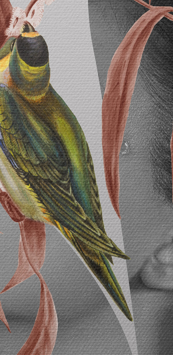 A woman's profile with birds and leaves