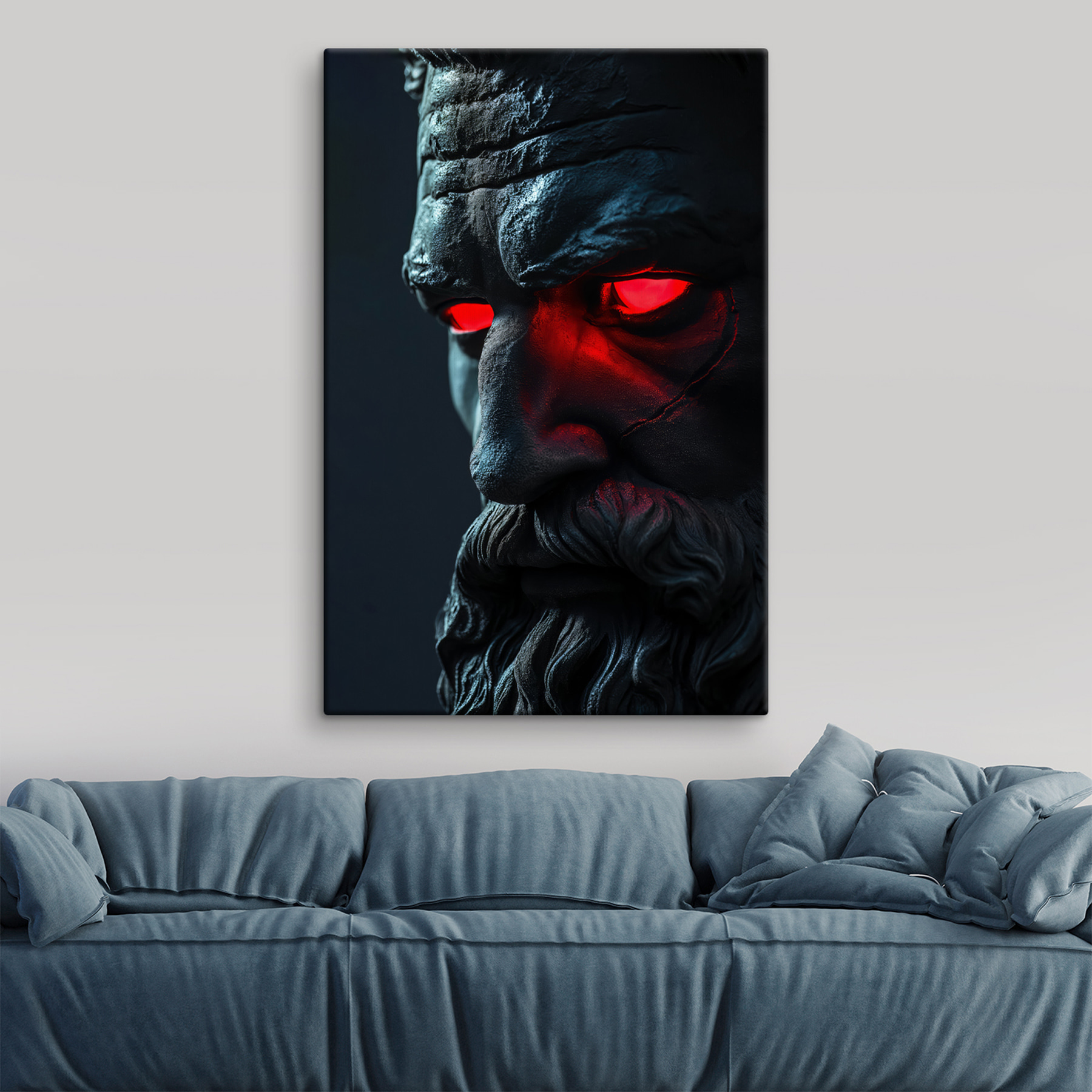 A statue of a man with red eyes A statue of a man with red eyes