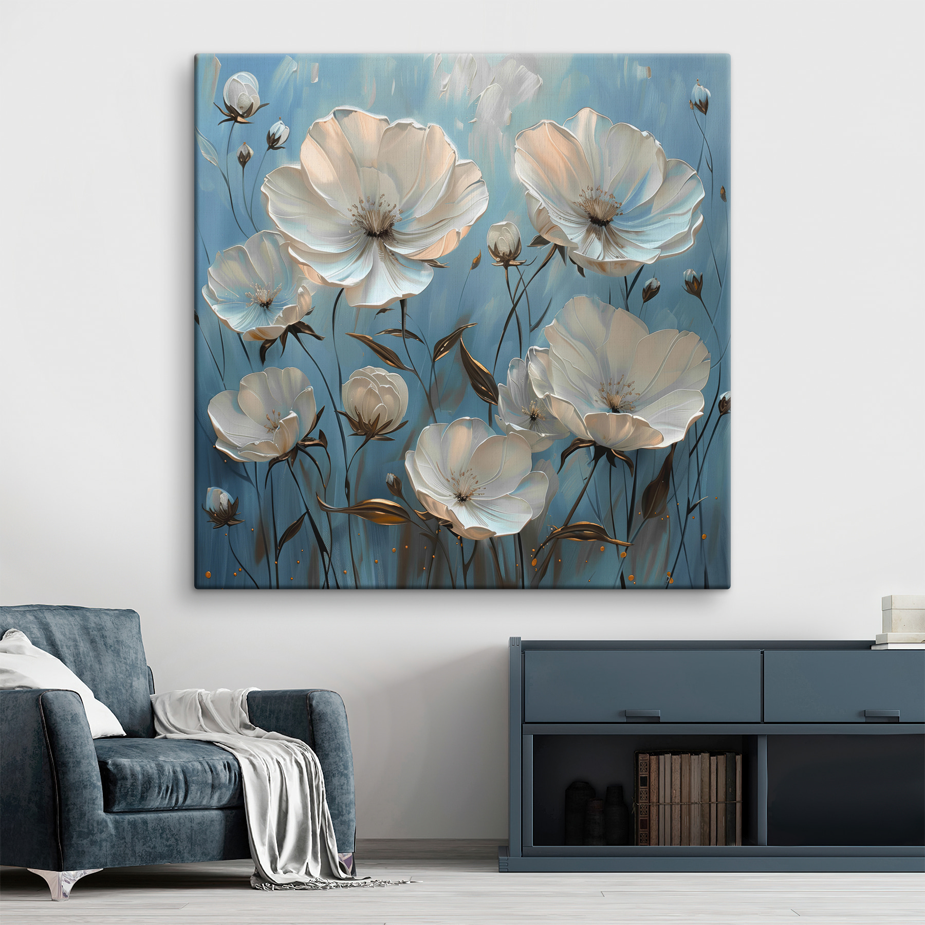 A painting of white flowers