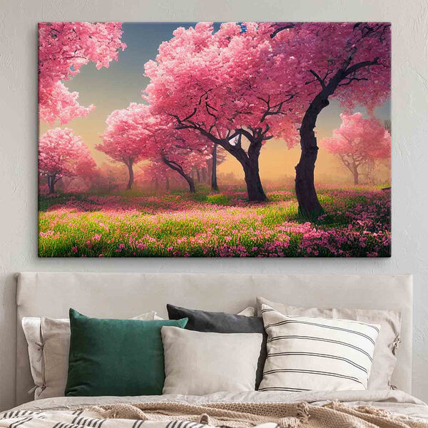 Quadri Quadri Un campo di fiori rosa con alberi (COD: s35703)