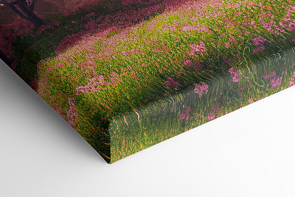 A field of pink flowers with trees