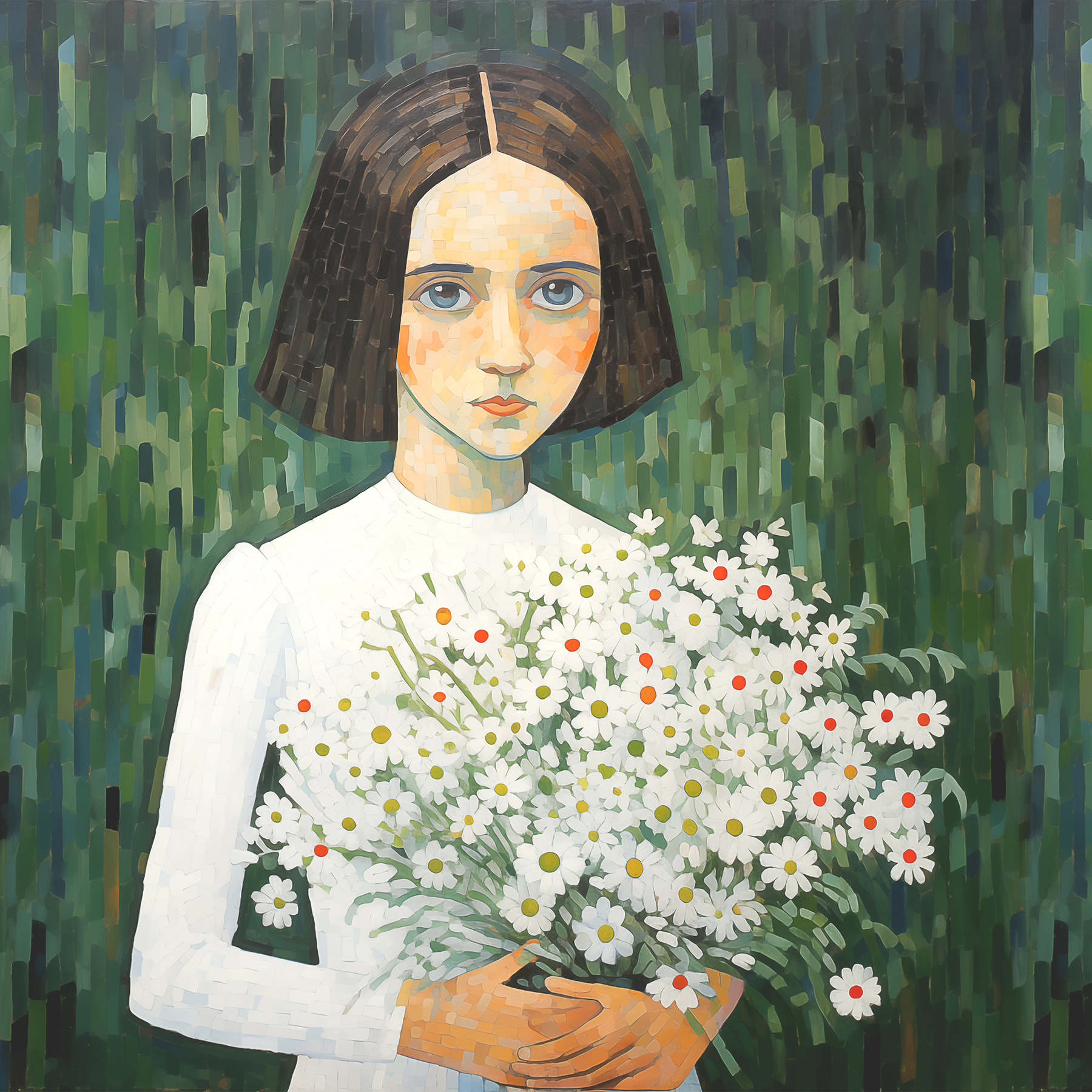 A painting of a girl holding flowers