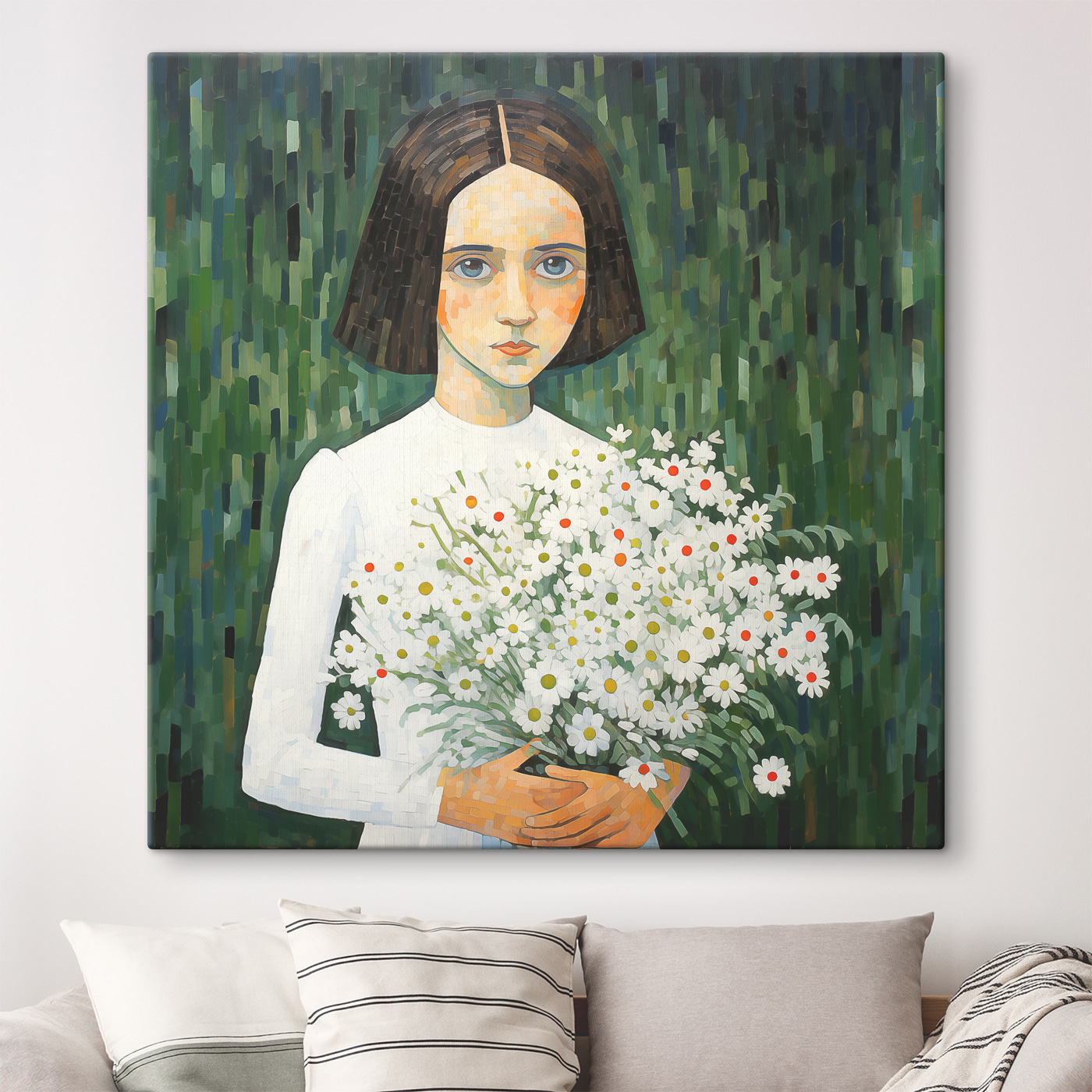 A painting of a girl holding flowers