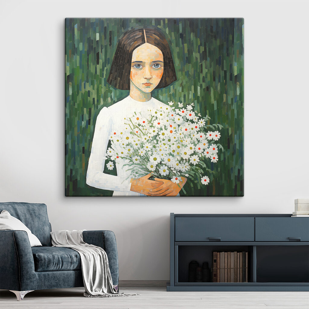A painting of a girl holding flowers