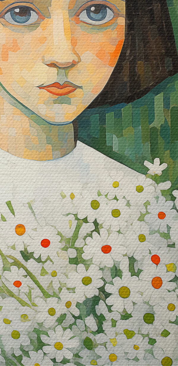 A painting of a girl holding flowers