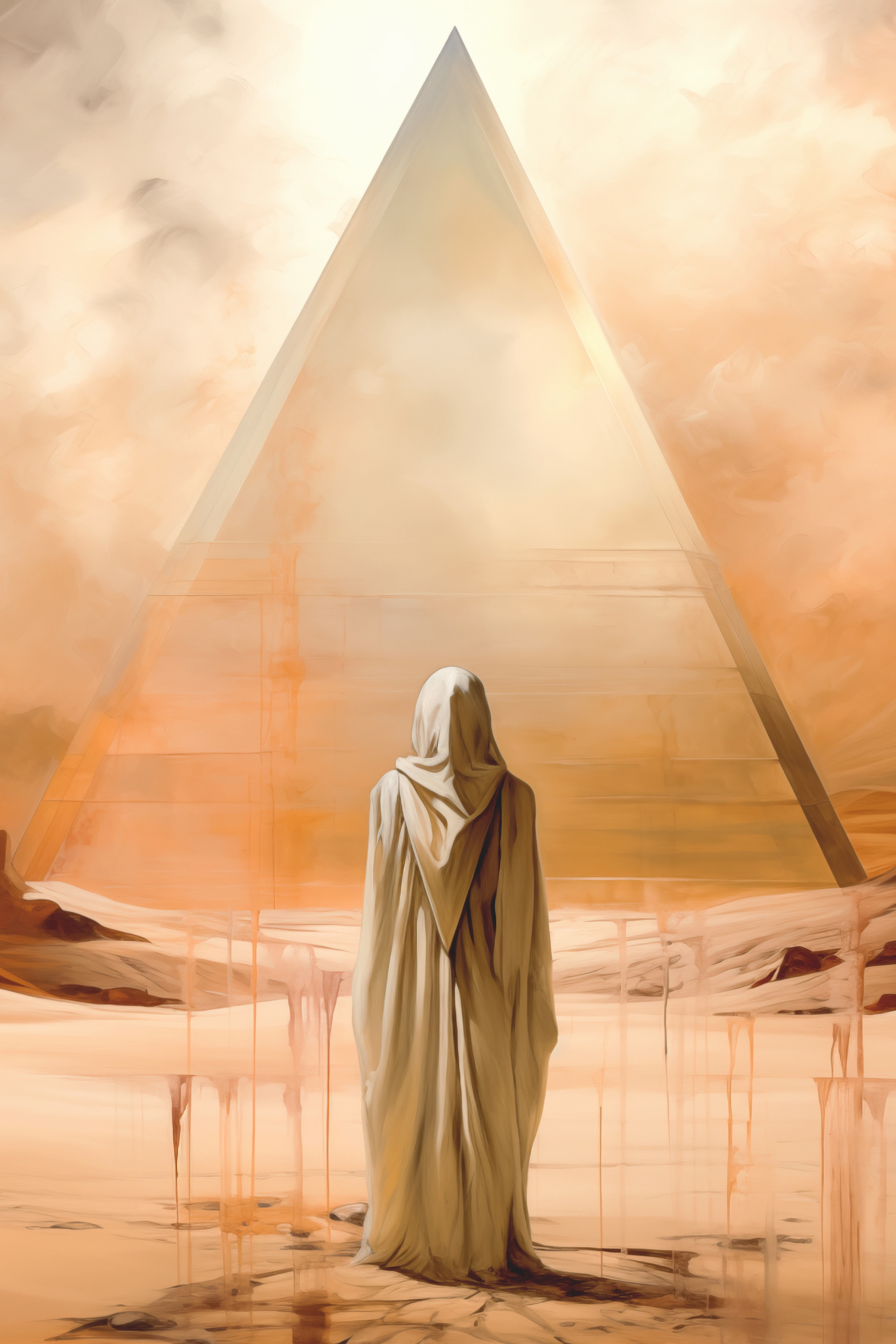 A person in a white robe standing in front of a pyramid