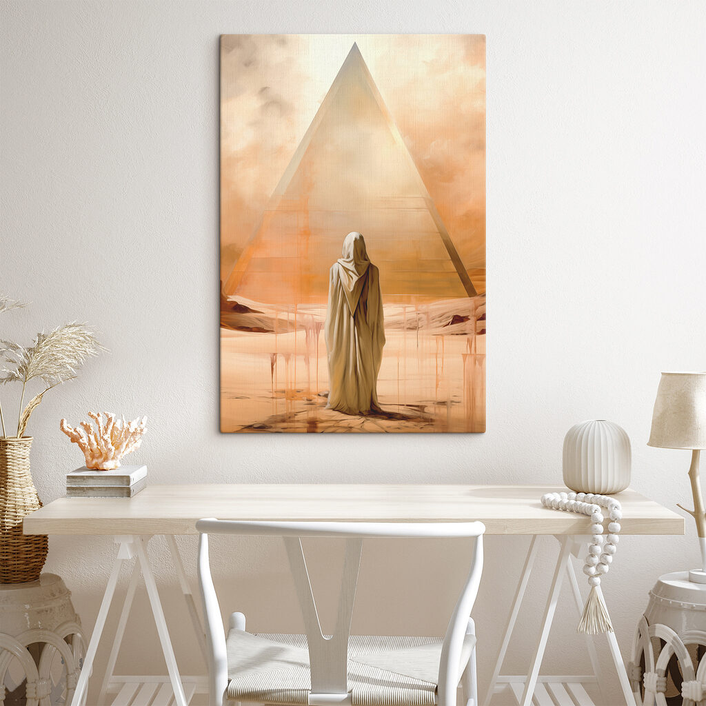A person in a white robe standing in front of a pyramid