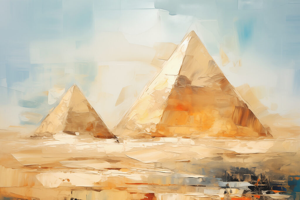 A painting of pyramids in the desert