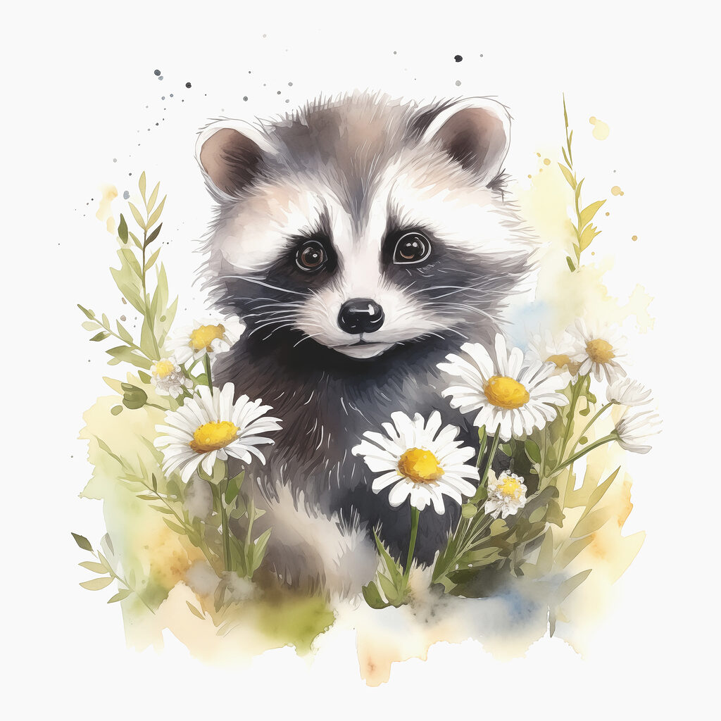 A raccoon with daisies