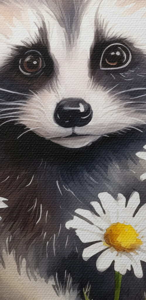 A raccoon with daisies